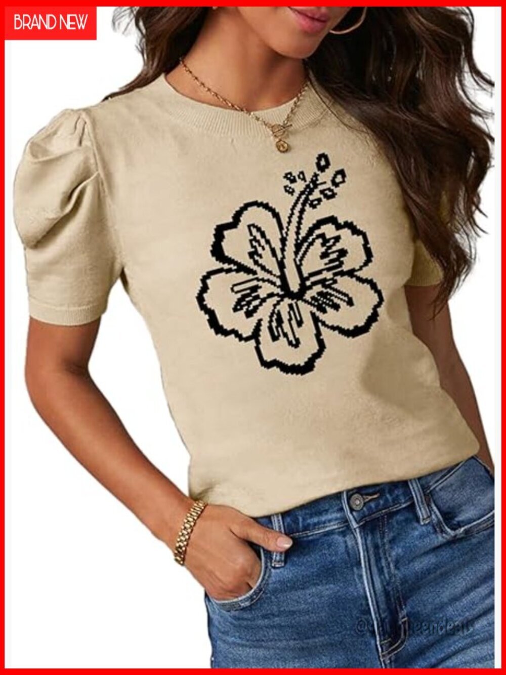 Short Puff Sleeve Knit Top Crewneck Striped T-Shirt Summer Blouse